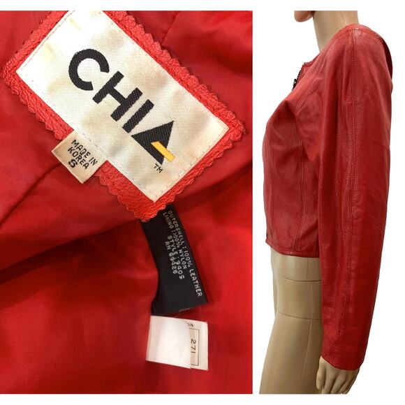 Vintage Red Leather Jacket Cropped 80s 90s CHIA Shoulder Pads | S - Picture 6 of 10